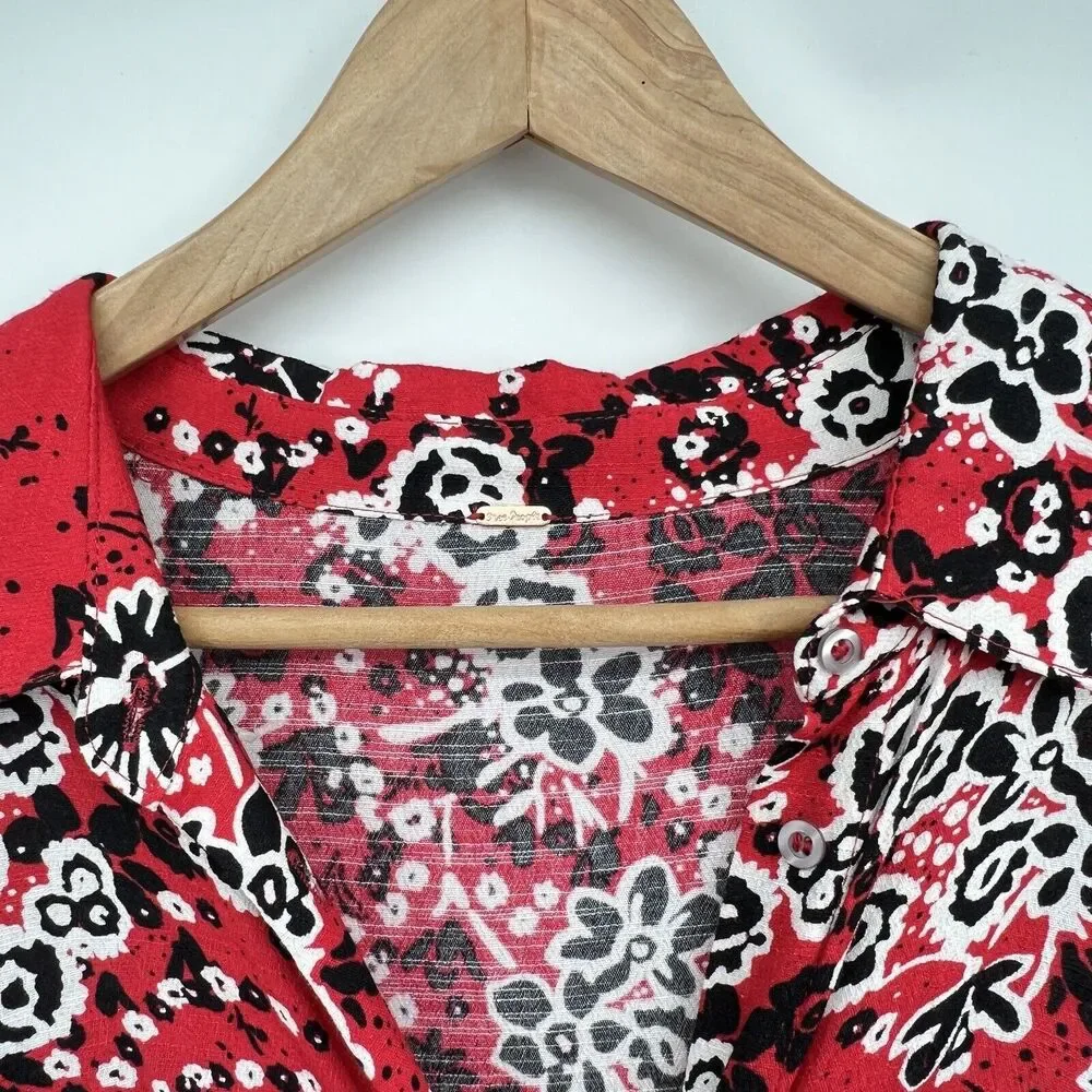 Free People Tough Love Maxi‎ Shirtdress In Red Women’s 4 Long Sleeve Floral Boho
